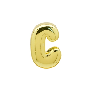 Detailed view of a golden capital letter C pendant with a high-polished metallic finish
