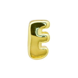 Close-up of a 3D bubble style gold letter E charm for DIY necklaces and jewelry