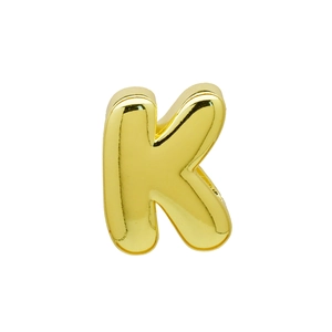 Close-up of 3D polished gold-plated letter K pendant with high gloss mirror finish