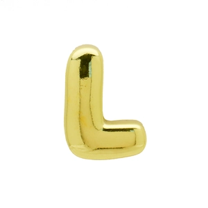 Close-up of a high-shine 3D golden letter L charm with a smooth mirror-like finish