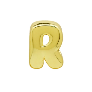 Detailed view of a high-polish gold letter R charm bead with smooth mirror finish