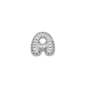 Close-up of letter A jewelry pendant with pavé set cubic zirconia and silver finish