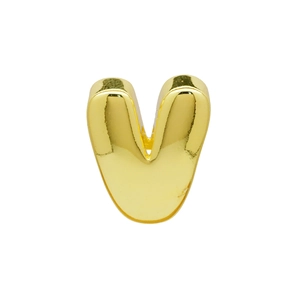 Macro detail of a 3D polished golden letter V charm for personalized DIY jewelry