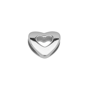 Detailed view of silver heart-shaped charm with hollow center for DIY bracelets