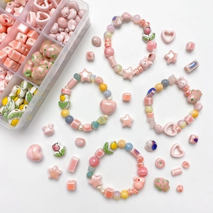 Pink sakura ceramic tulip beads for DIY jewelry making with storage box and bracelets