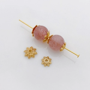 14K gold plated flower bead caps with pink strawberry quartz beads for DIY jewelry making