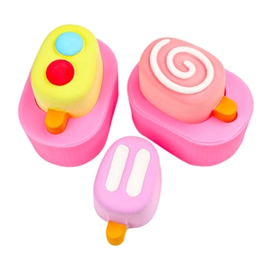 Three colorful ice cream squishy toys with a pink base for DIY crafts and stress relief