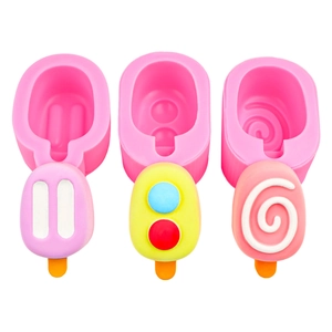 3-piece set pink silicone popsicle molds with striped, dotted and spiral patterns