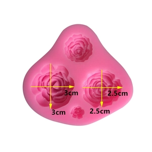 Pink silicone mold for four roses in 3cm and 2.5cm sizes for fondant cake decorating