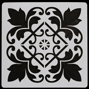 Détail du pochoir mandala carré avec motif floral vintage noir sur fond blanc décoratif
