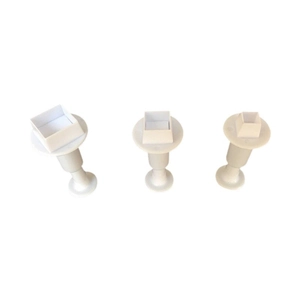 Set of 3 white square plunger cutters for fondant and cookie dough embossing