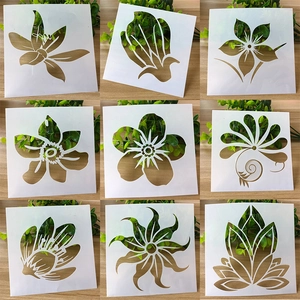 Detail of 9-piece floral stencil set showing hollow-out flower designs for DIY painting