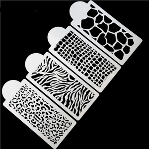 Set of 4 animal print cake stencils with leopard and zebra patterns for baking