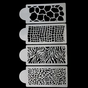 Macro detail of 4-piece animal print cake stencils with leopard and zebra patterns
