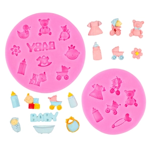 Pink silicone baby shower mold for fondant with bear bottle and stroller shapes