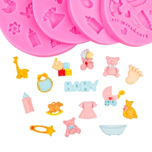 Pink baby theme silicone fondant molds set with giraffe, blocks and stroller shapes