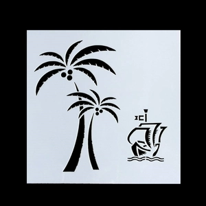 DIY scrapbook stencil featuring sailboat and palm trees on a square white plastic sheet