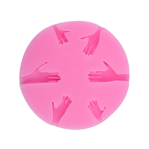 Pink circular silicone mold with six hand gestures for DIY clay and fondant baking crafts