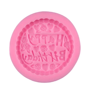 Pink silicone Happy Birthday cake mold featuring rose floral and heart embossed patterns