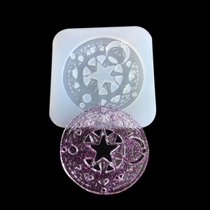 White silicone magic circle resin mold with finished purple glitter anime pendant