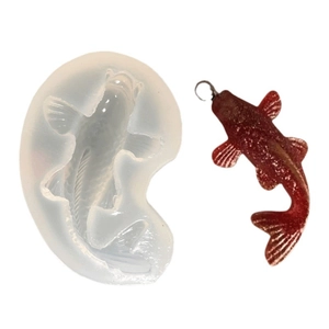 Mirror-finish koi fish silicone mold for resin casting with a finished red fish keychain