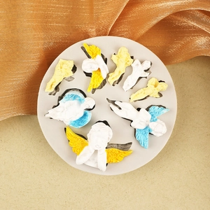 Cute angel baby silicone mold with finished colorful clay figures for DIY cake decor