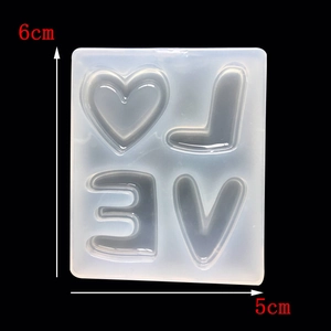 Detailed view of translucent LOVE heart silicone mold with dimensions 6cm by 5cm