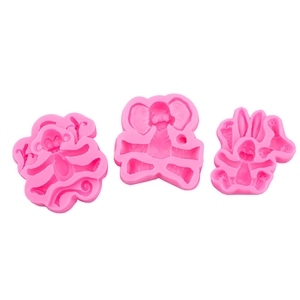 Pink silicone fondant mold set featuring cartoon lion, elephant, and monkey shapes