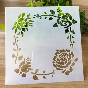 Reusable rose flower stencil for DIY painting and scrapbooking on wooden background