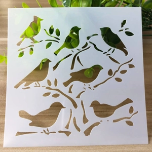 Detailed macro view of square white translucent bird on branch DIY painting stencil