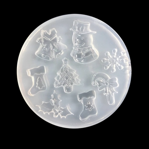 Translucent silicone mold featuring Christmas snowflakes, trees, and snowman patterns