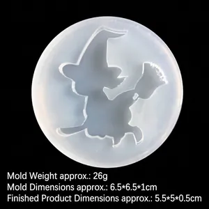 Translucent witch on broom silicone mold for UV resin DIY crafts, 6.5x6.5cm round shape