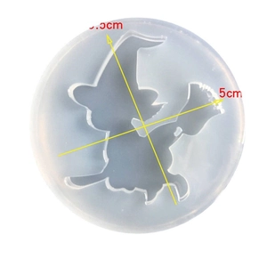5.5cm round translucent silicone mold featuring a witch riding a broom for DIY resin crafts
