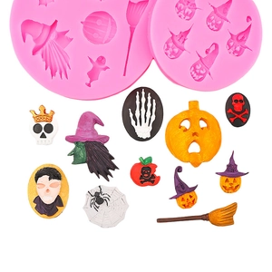 Pink silicone Halloween molds featuring pumpkin, ghost, and witch hat resin crafts