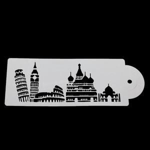 Detailed white plastic stencil featuring cutout silhouettes of world-famous landmarks
