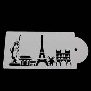 Detailed macro view of architectural stencil featuring Eiffel Tower and landmarks