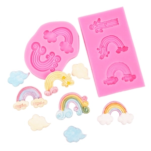 Gedetailleerde macro van roze siliconen mal met regenboogwolk patronen en Angel-a reliëf