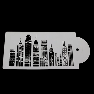 Detailed view of city skyline stencil showing skyscraper cutouts on black background