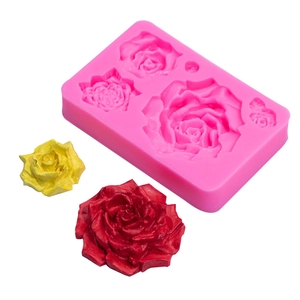 Pink silicone mold for large 3D roses, featuring four cavities for DIY soap and plaster