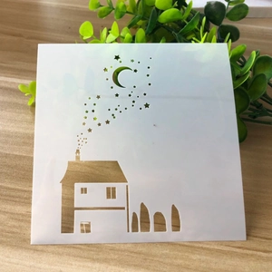 Detailed view of square hollow stencil with house and moon stars for DIY painting art