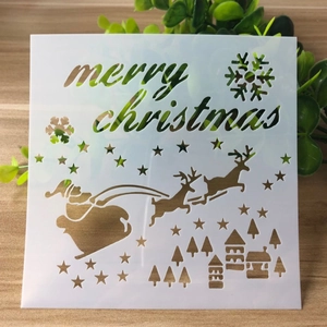 Detail of translucent PET stencil with Merry Christmas lettering and winter patterns