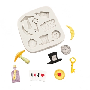 Detailed silicone mold with Alice in Wonderland themed cavities for cake baking decor