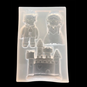 Detailed view of translucent silicone mold for fairy tale figures and castle resin crafting