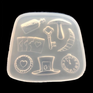 Wonderland theme silicone resin mold with clock, hat, mushroom and drink me bottle