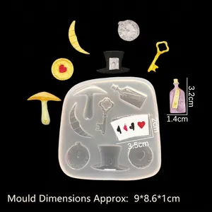 Silicone mold for Alice in Wonderland resin charms including hat poker and clock shapes