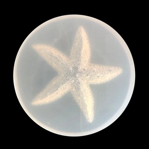 Macro top view showing starfish details on round translucent silicone mold for DIY crafts