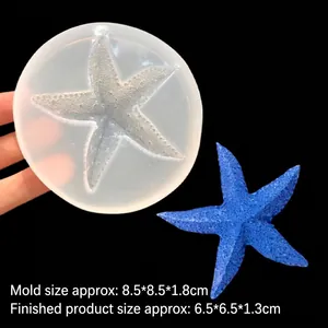 Translucent starfish silicone mold for DIY resin craft with finished blue sea star example