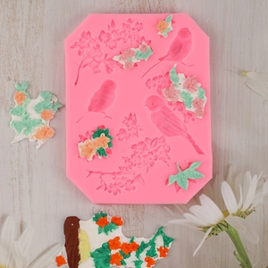 Moule en silicone rose avec oiseaux et fleurs pour pâte à sucre et projets de modelage DIY