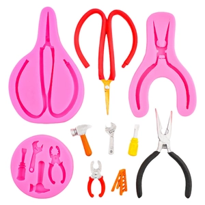 Pink silicone fondant molds set featuring detailed miniature hardware tools and ladder shapes