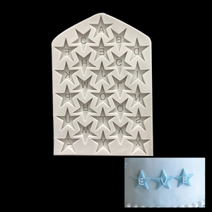 White silicone mold featuring 26 A-Z alphabet stars for fondant and chocolate cake toppers